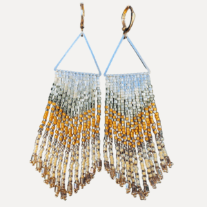 Beaded fringe earrings with geometric design.
