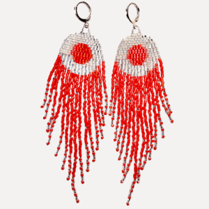 Red and white beaded fringe earrings.