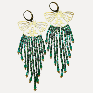 Emerald Moth Beaded Fringe Earrings