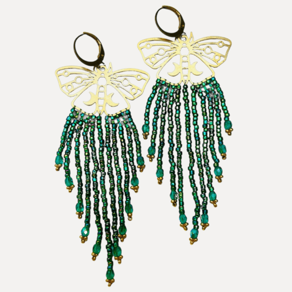 Emerald Moth Beaded Fringe Earrings